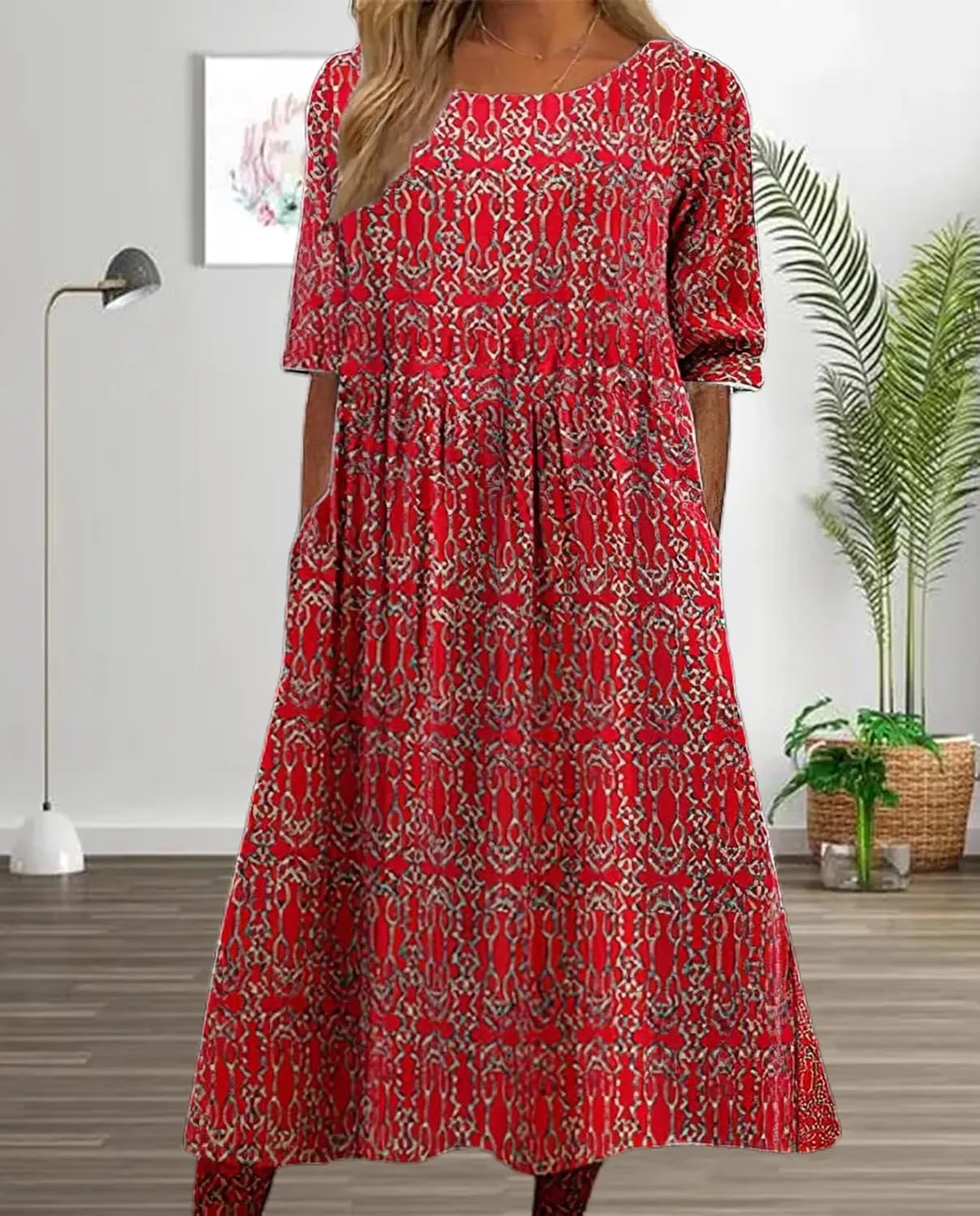 Boho Floral Maxi Dress for Womens Short Sleeve Summer Dresses Casual Loose A Line Elastic Pleated Dress