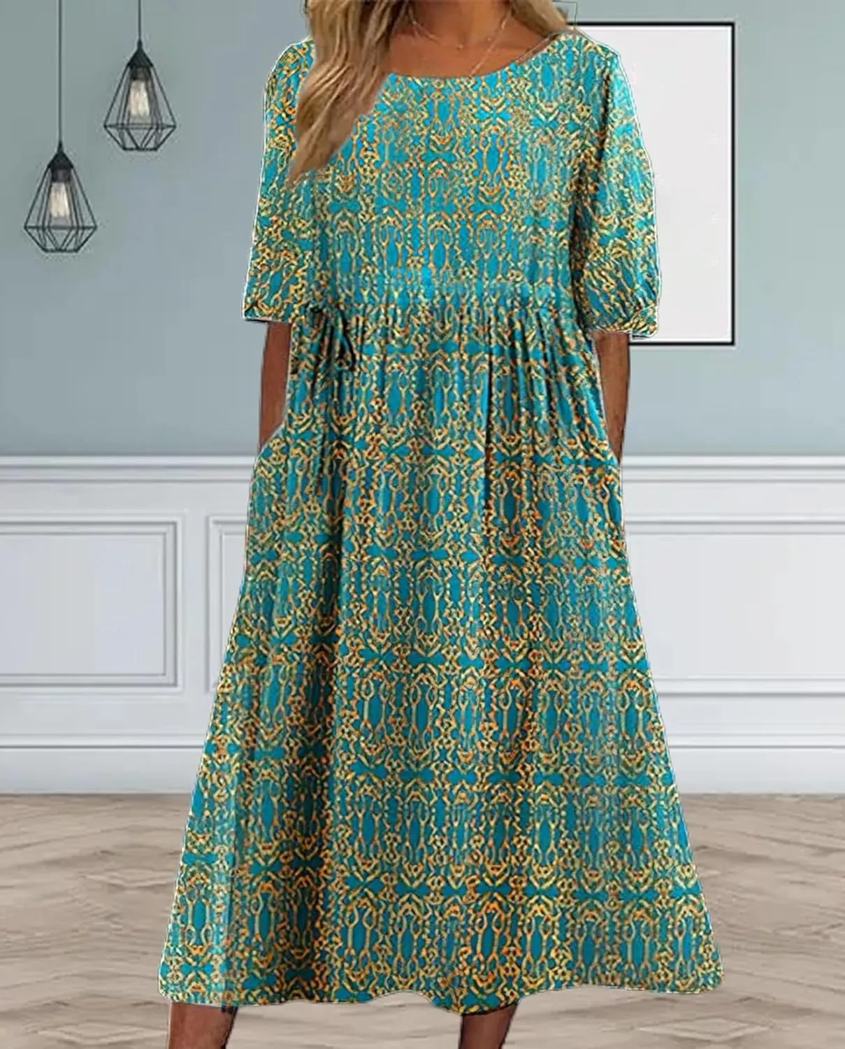 Boho Floral Maxi Dress for Womens Short Sleeve Summer Dresses Casual Loose A Line Elastic Pleated Dress
