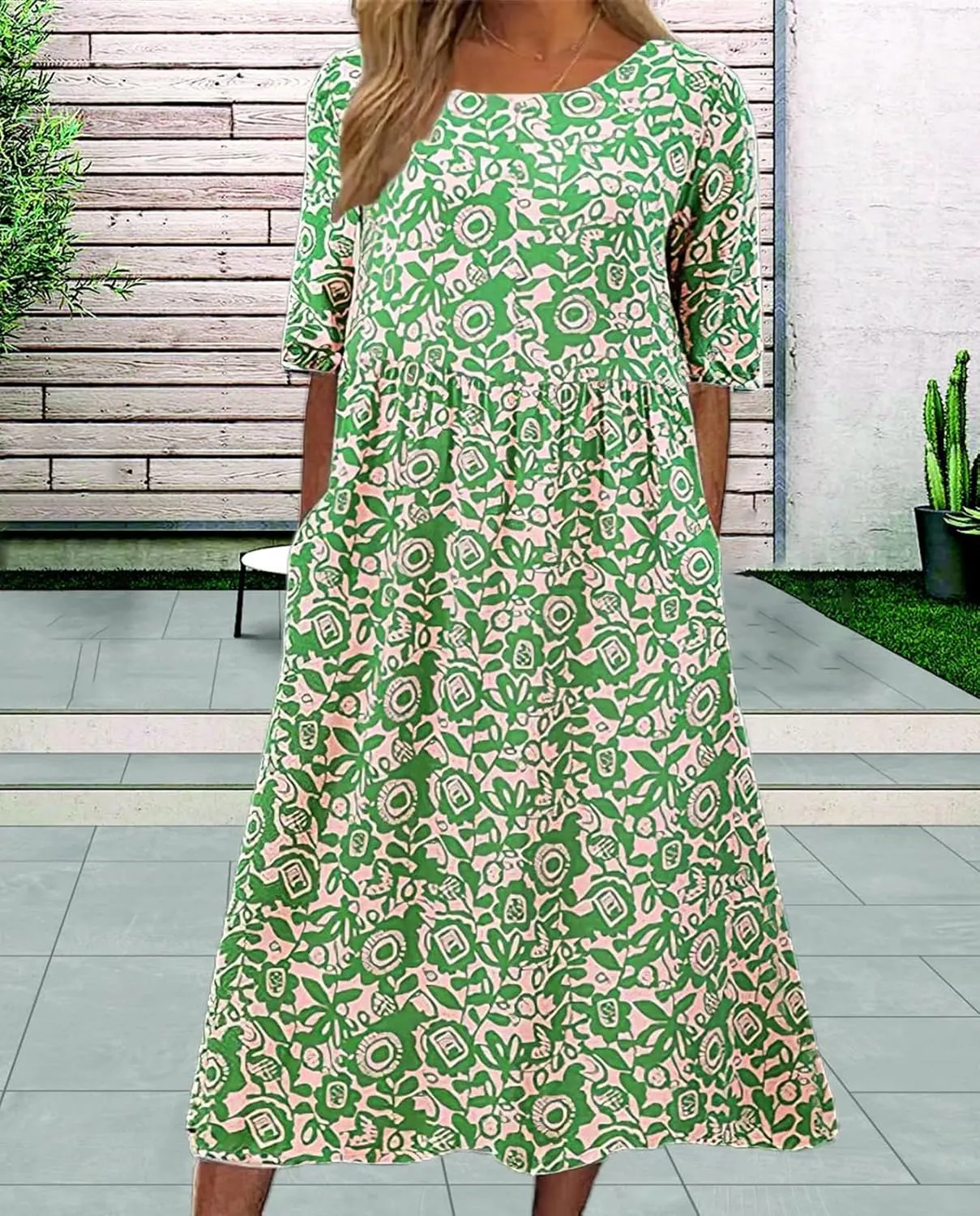 Boho Floral Maxi Dress for Womens Short Sleeve Summer Dresses Casual Loose A Line Elastic Pleated Dress