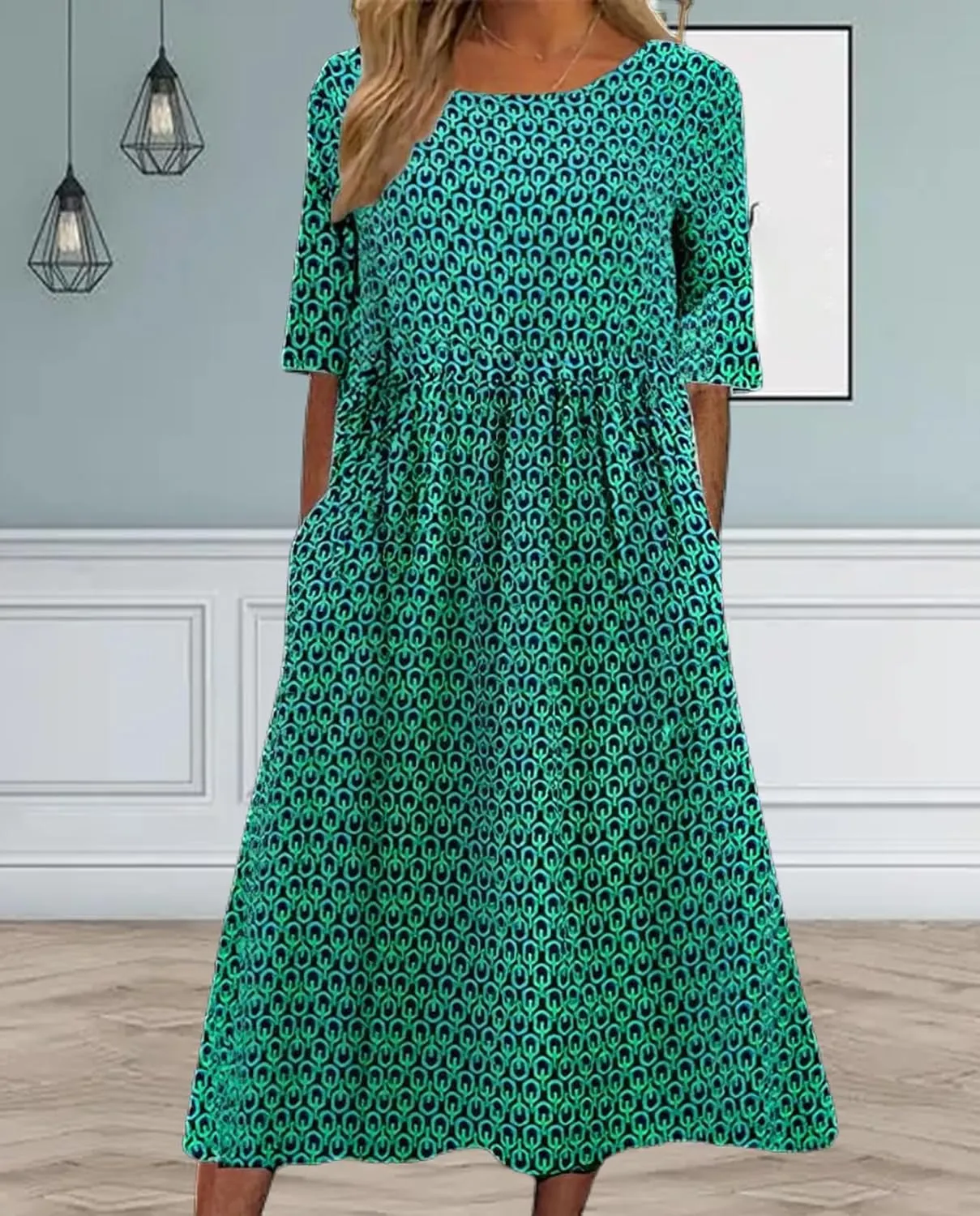 Boho Floral Maxi Dress for Womens Short Sleeve Summer Dresses Casual Loose A Line Elastic Pleated Dress