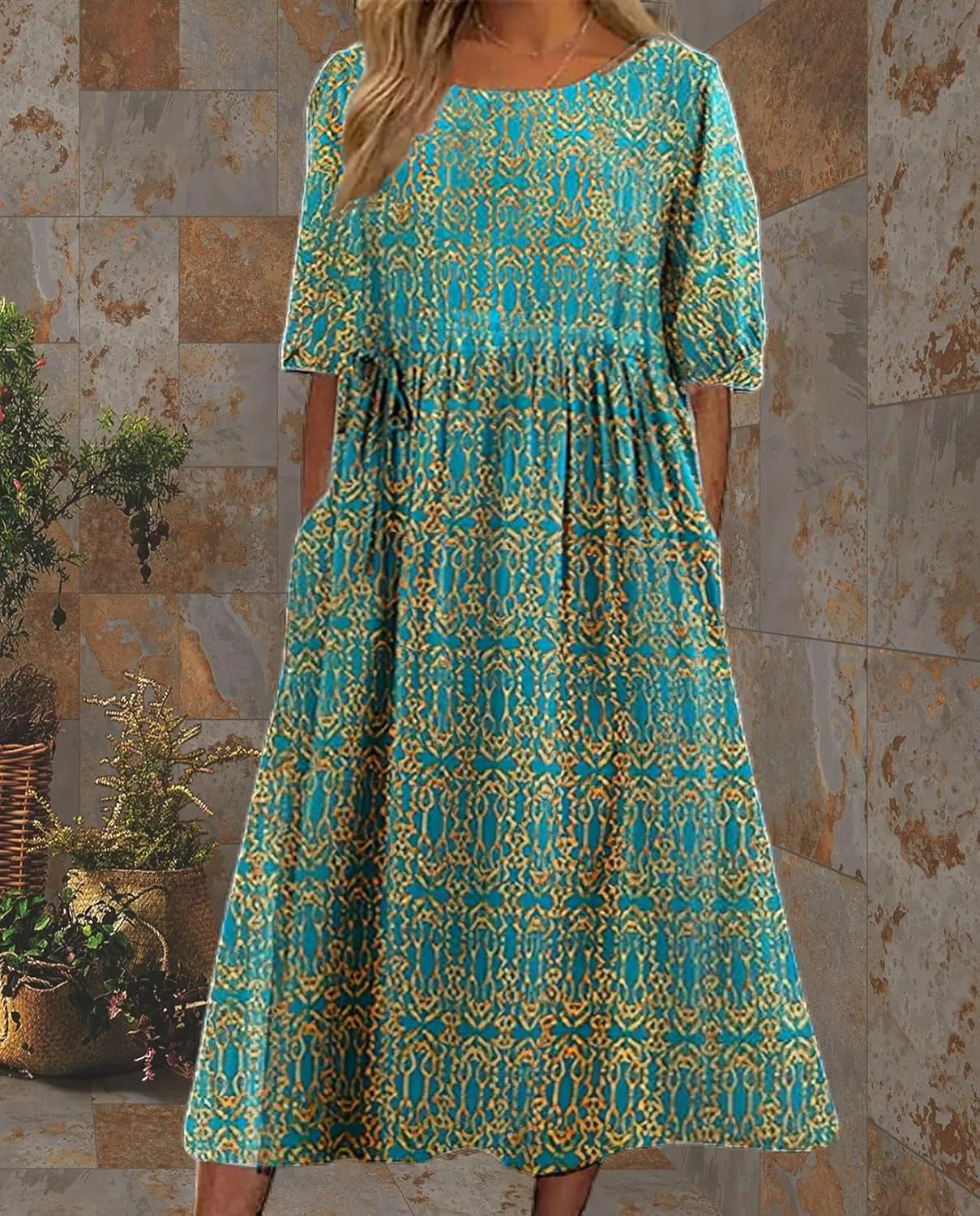 Boho Floral Maxi Dress for Womens Short Sleeve Summer Dresses Casual Loose A Line Elastic Pleated Dress