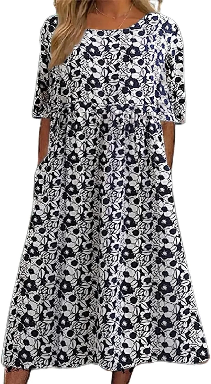 Boho Floral Maxi Dress for Womens Short Sleeve Summer Dresses Casual Loose A Line Elastic Pleated Dress