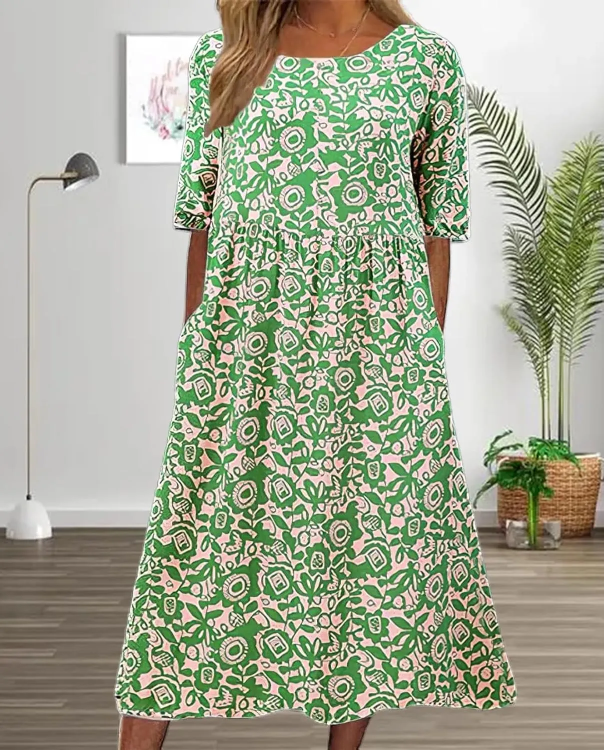 Boho Floral Maxi Dress for Womens Short Sleeve Summer Dresses Casual Loose A Line Elastic Pleated Dress