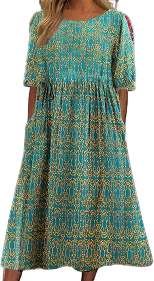 Boho Floral Maxi Dress for Womens Short Sleeve Summer Dresses Casual Loose A Line Elastic Pleated Dress