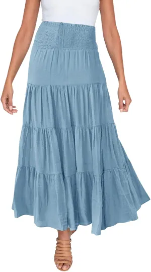 Boho Skirt Women Elastic High Waist Midi Skirt Flowy A Line Long Skirts Ruffle Swing Beach Maxi Pleated Skirts