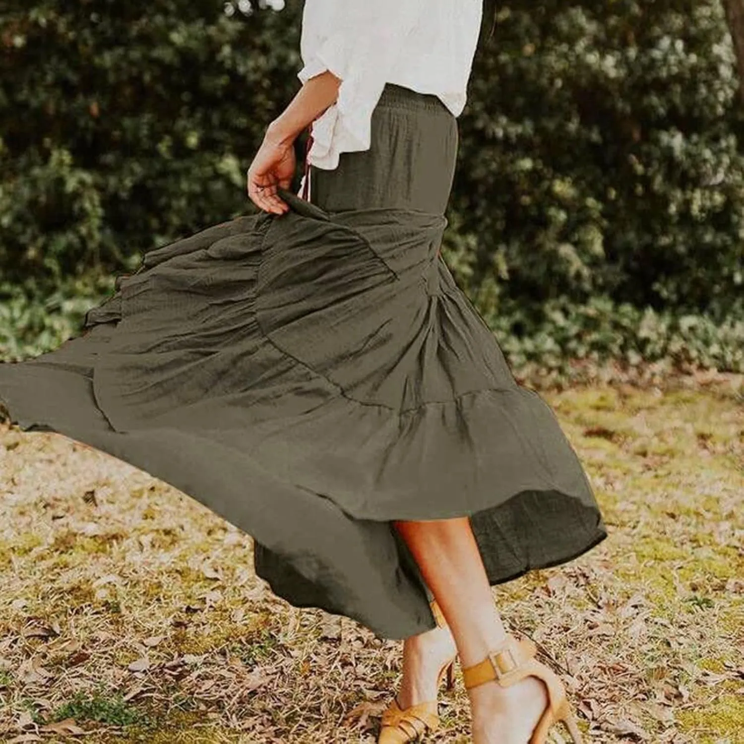 Boho Skirt Women Elastic High Waist Midi Skirt Flowy A Line Long Skirts Ruffle Swing Beach Maxi Pleated Skirts