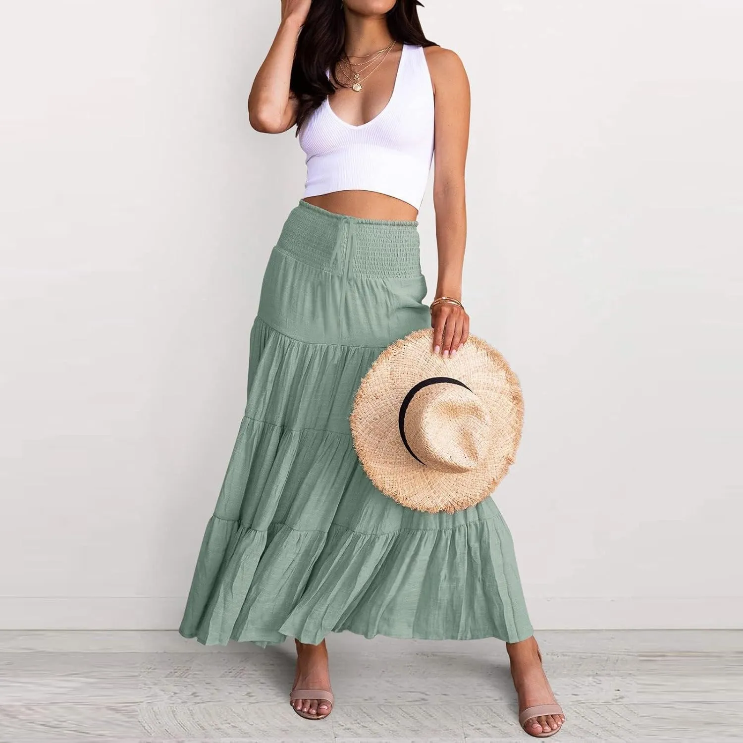 Boho Skirt Women Elastic High Waist Midi Skirt Flowy A Line Long Skirts Ruffle Swing Beach Maxi Pleated Skirts