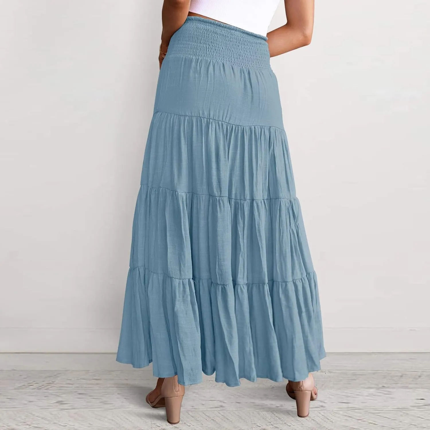 Boho Skirt Women Elastic High Waist Midi Skirt Flowy A Line Long Skirts Ruffle Swing Beach Maxi Pleated Skirts