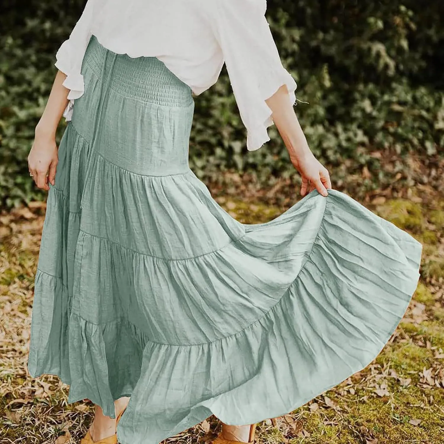 Boho Skirt Women Elastic High Waist Midi Skirt Flowy A Line Long Skirts Ruffle Swing Beach Maxi Pleated Skirts