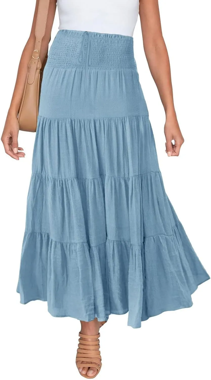 Boho Skirt Women Elastic High Waist Midi Skirt Flowy A Line Long Skirts Ruffle Swing Beach Maxi Pleated Skirts