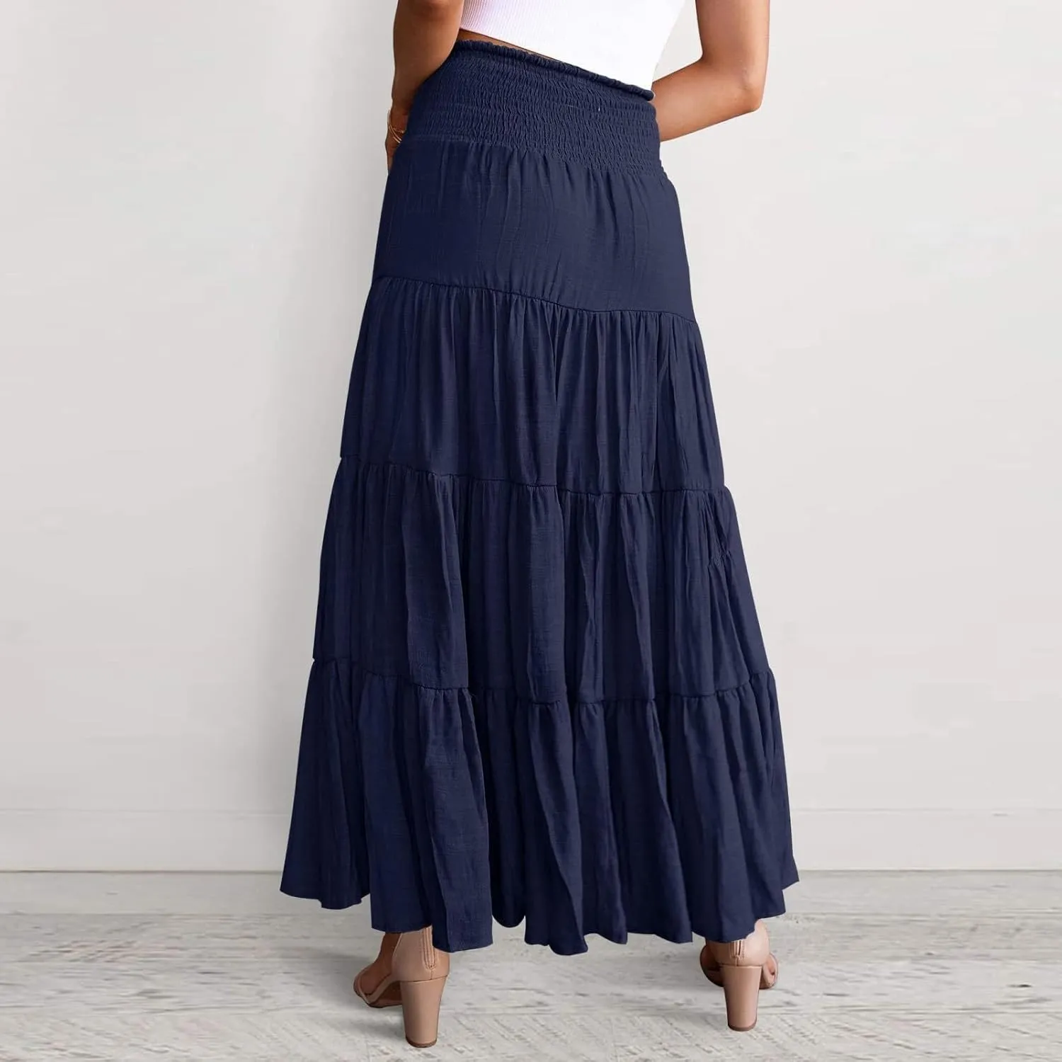 Boho Skirt Women Elastic High Waist Midi Skirt Flowy A Line Long Skirts Ruffle Swing Beach Maxi Pleated Skirts