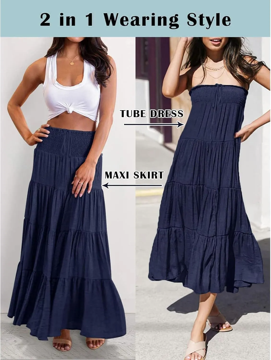 Boho Skirt Women Elastic High Waist Midi Skirt Flowy A Line Long Skirts Ruffle Swing Beach Maxi Pleated Skirts