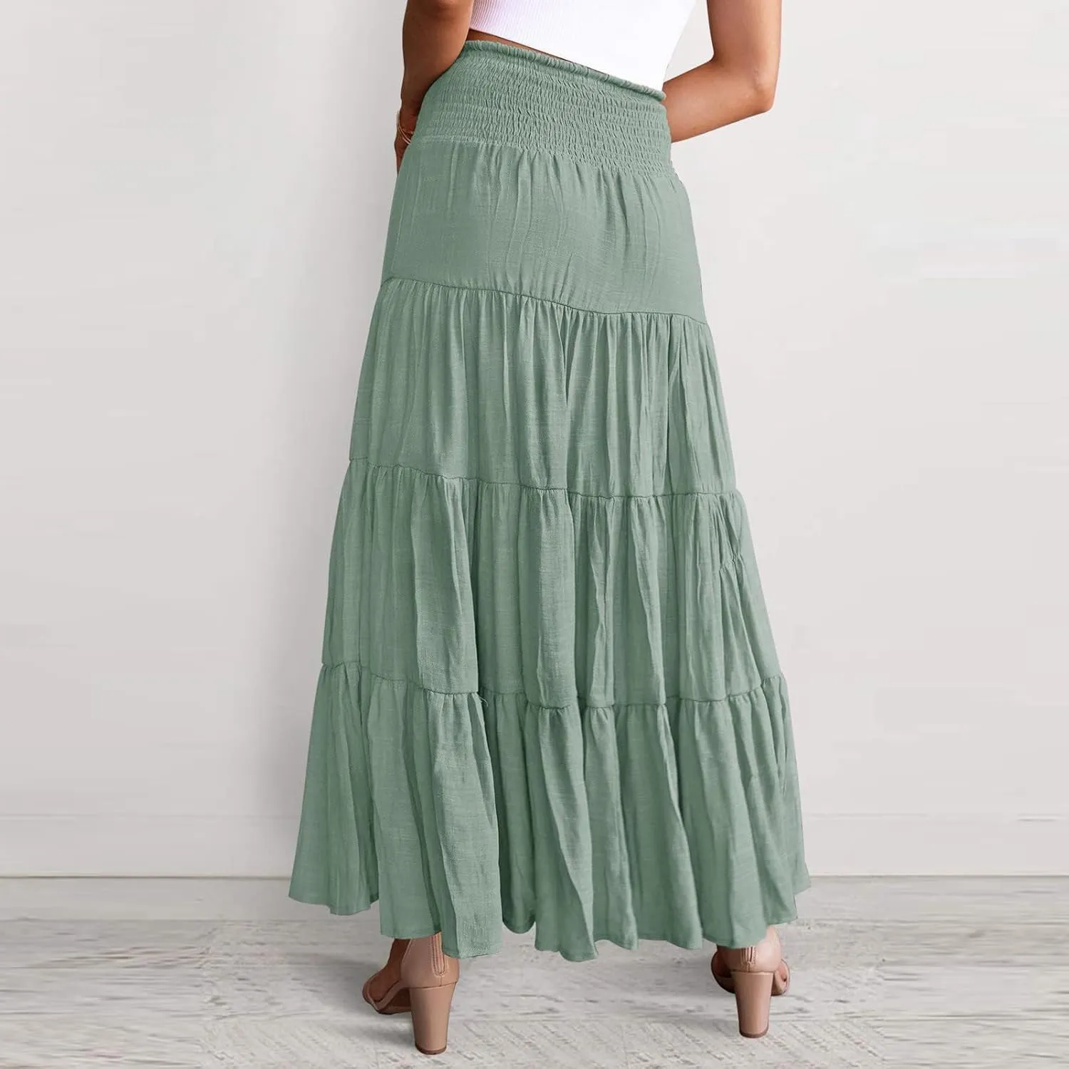 Boho Skirt Women Elastic High Waist Midi Skirt Flowy A Line Long Skirts Ruffle Swing Beach Maxi Pleated Skirts