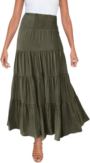 Boho Skirt Women Elastic High Waist Midi Skirt Flowy A Line Long Skirts Ruffle Swing Beach Maxi Pleated Skirts