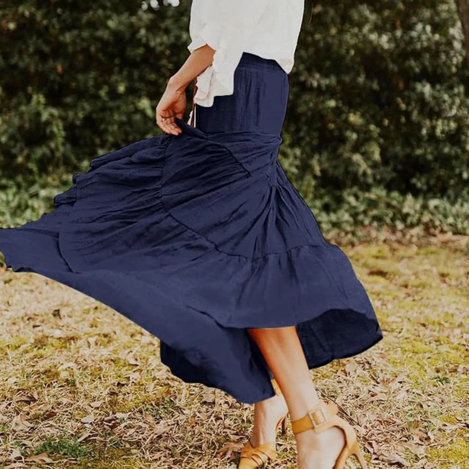 Boho Skirt Women Elastic High Waist Midi Skirt Flowy A Line Long Skirts Ruffle Swing Beach Maxi Pleated Skirts