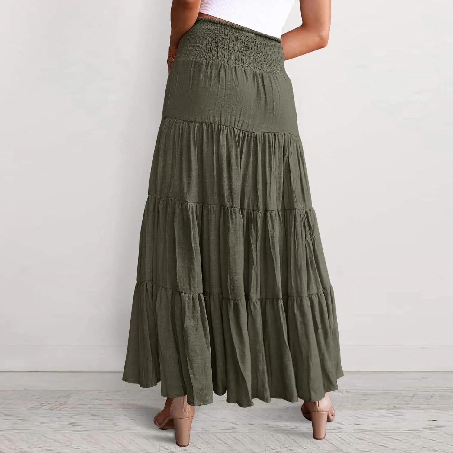 Boho Skirt Women Elastic High Waist Midi Skirt Flowy A Line Long Skirts Ruffle Swing Beach Maxi Pleated Skirts