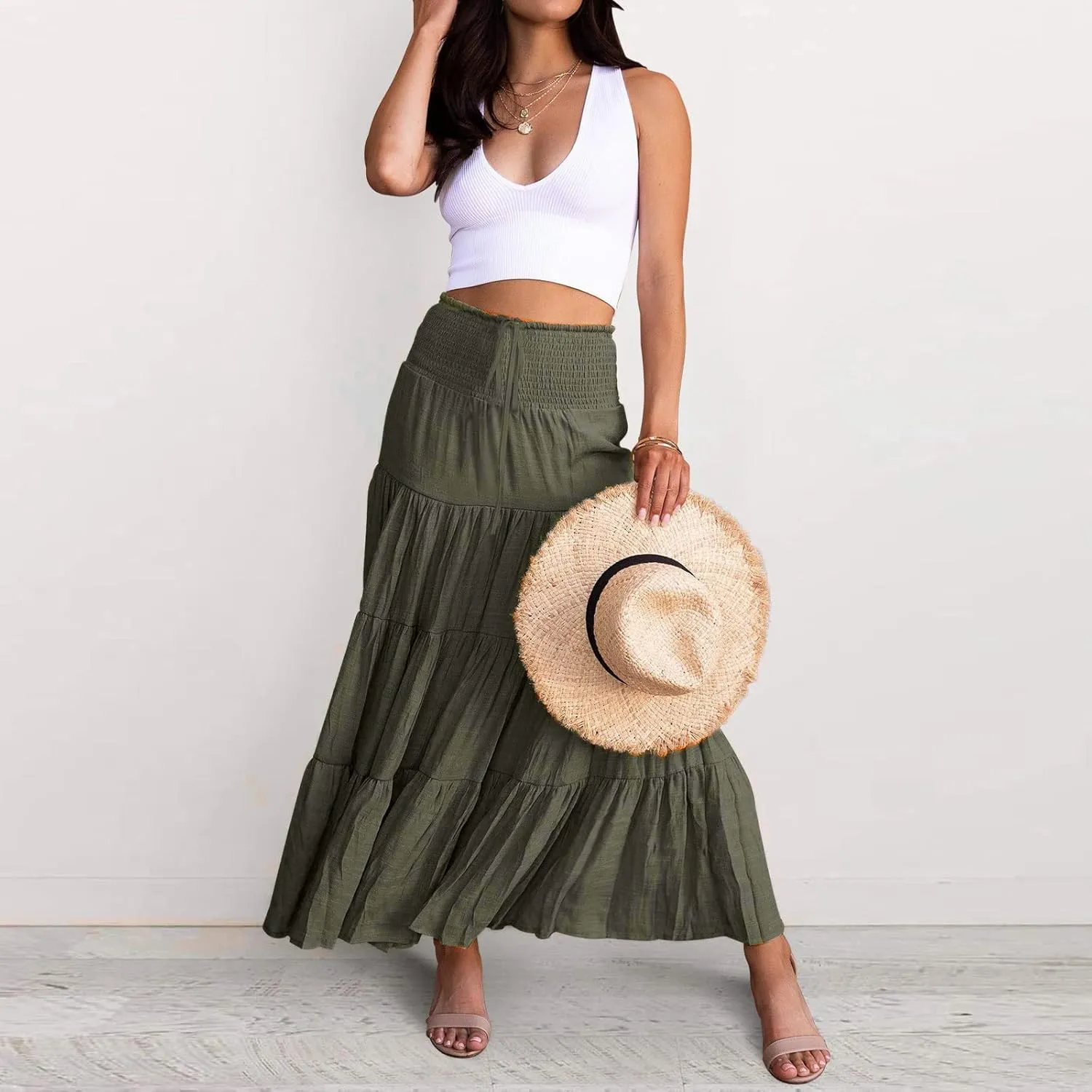 Boho Skirt Women Elastic High Waist Midi Skirt Flowy A Line Long Skirts Ruffle Swing Beach Maxi Pleated Skirts