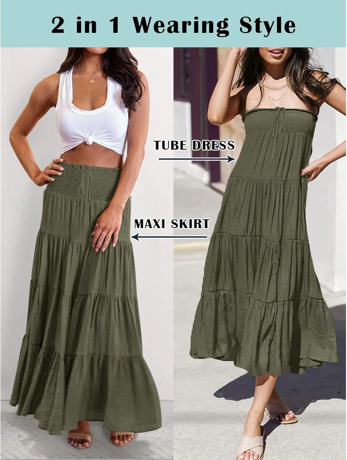 Boho Skirt Women Elastic High Waist Midi Skirt Flowy A Line Long Skirts Ruffle Swing Beach Maxi Pleated Skirts