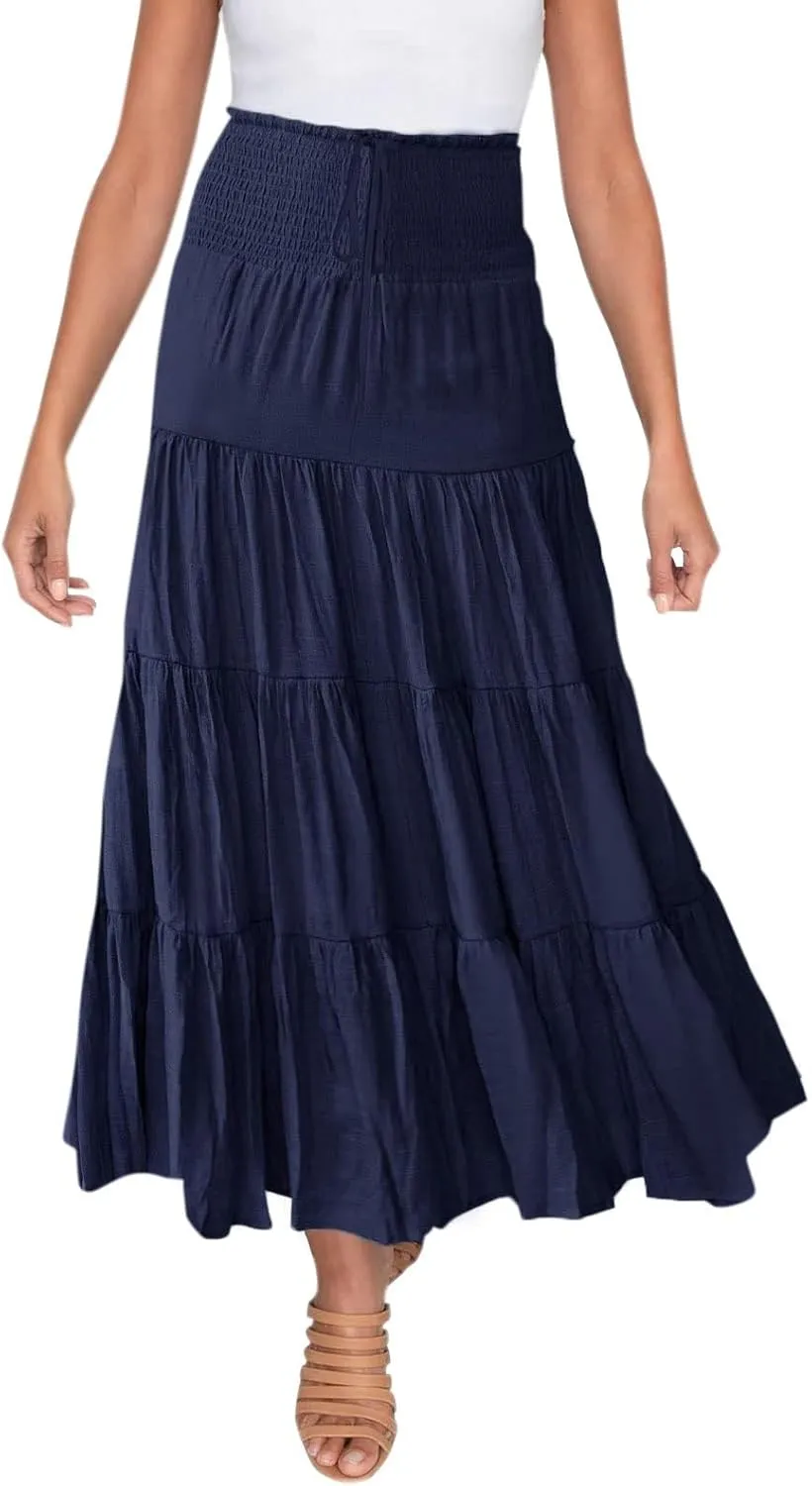Boho Skirt Women Elastic High Waist Midi Skirt Flowy A Line Long Skirts Ruffle Swing Beach Maxi Pleated Skirts