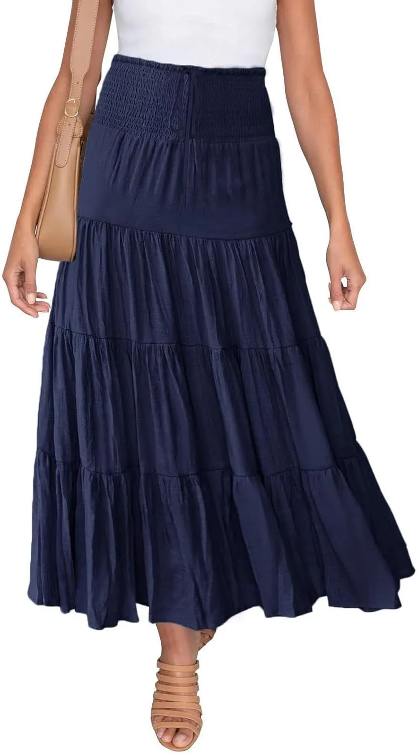 Boho Skirt Women Elastic High Waist Midi Skirt Flowy A Line Long Skirts Ruffle Swing Beach Maxi Pleated Skirts