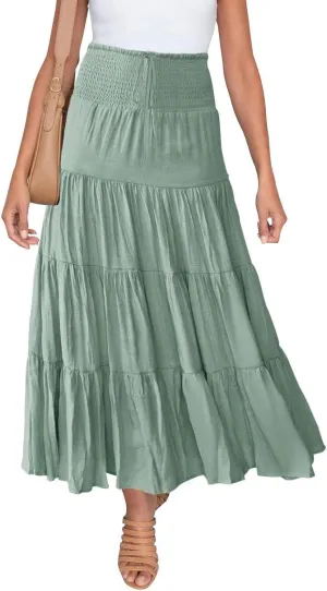 Boho Skirt Women Elastic High Waist Midi Skirt Flowy A Line Long Skirts Ruffle Swing Beach Maxi Pleated Skirts