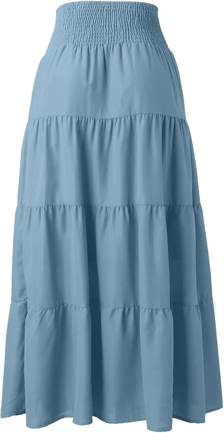 Boho Skirt Women Elastic High Waist Midi Skirt Flowy A Line Long Skirts Ruffle Swing Beach Maxi Pleated Skirts