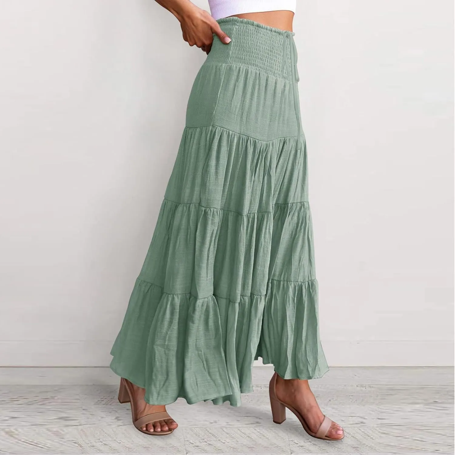 Boho Skirt Women Elastic High Waist Midi Skirt Flowy A Line Long Skirts Ruffle Swing Beach Maxi Pleated Skirts