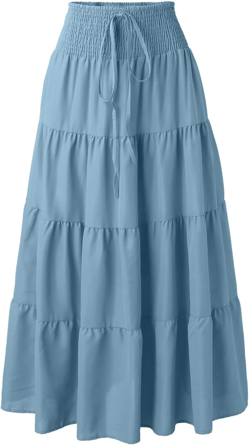 Boho Skirt Women Elastic High Waist Midi Skirt Flowy A Line Long Skirts Ruffle Swing Beach Maxi Pleated Skirts