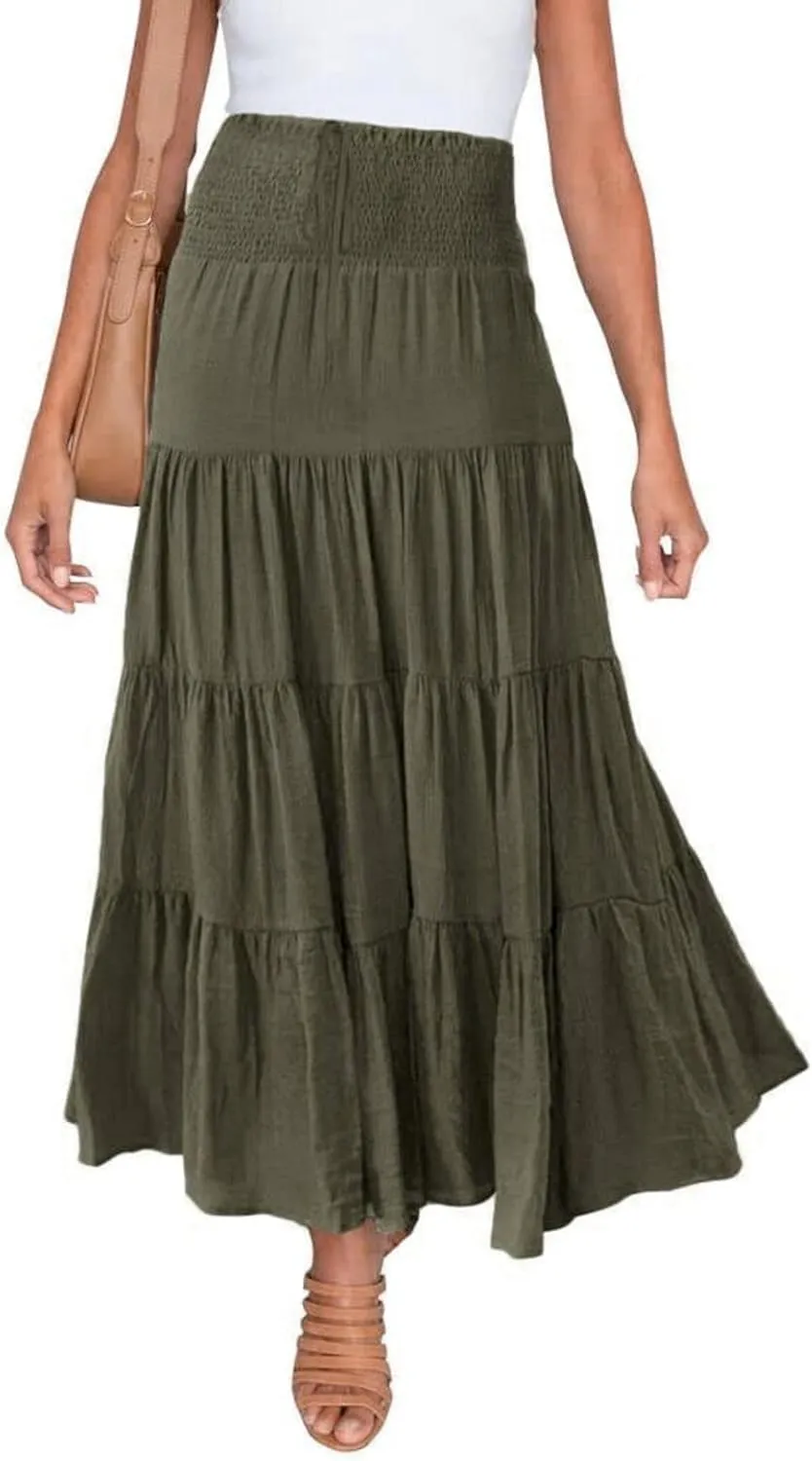Boho Skirt Women Elastic High Waist Midi Skirt Flowy A Line Long Skirts Ruffle Swing Beach Maxi Pleated Skirts
