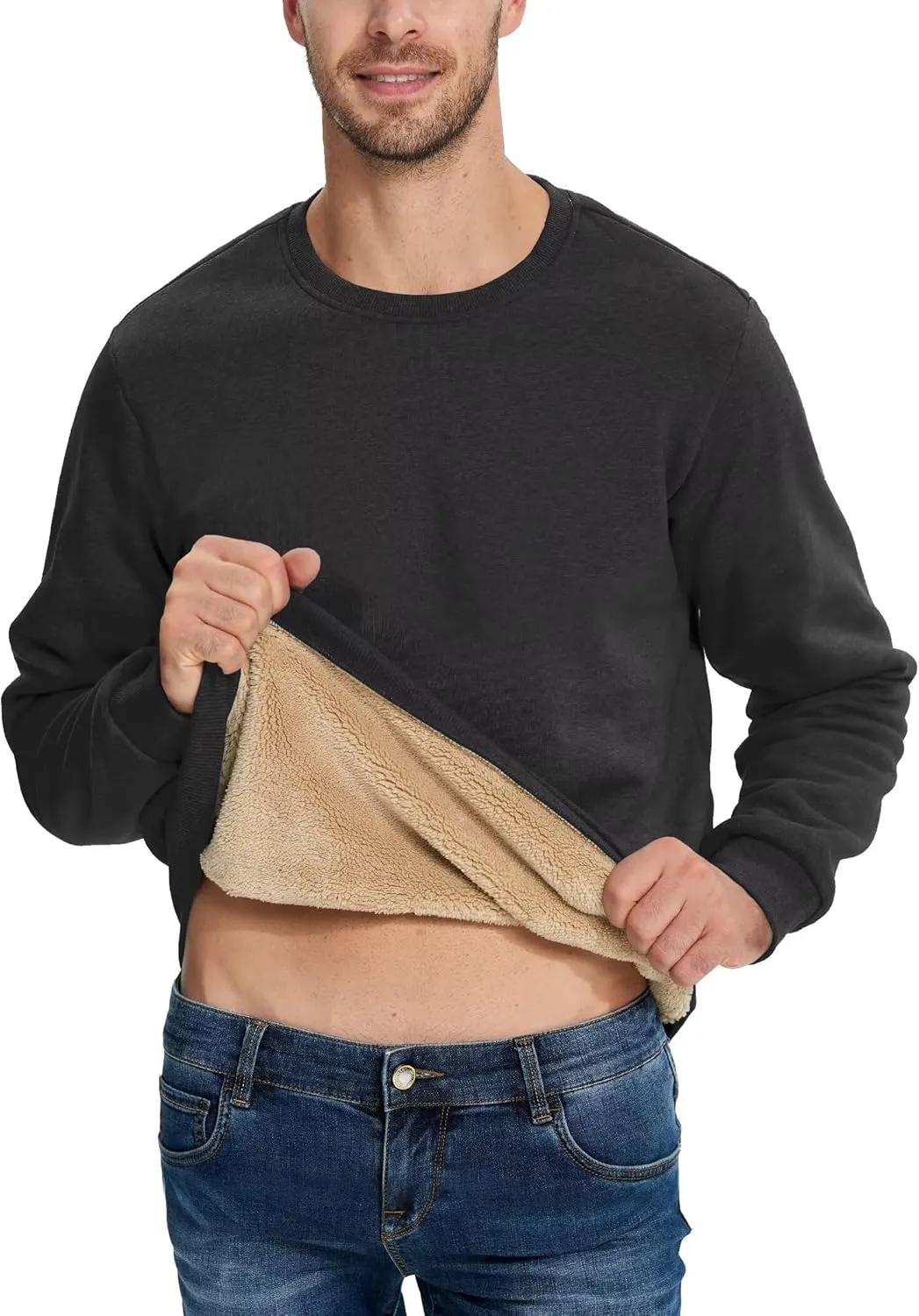 Boladeci Men's Full Sherpa Lined Crewneck Sweatshirts Premium Heavy-weight Fleece Pullover Thick Thermal Cotton Sweat-Shirts