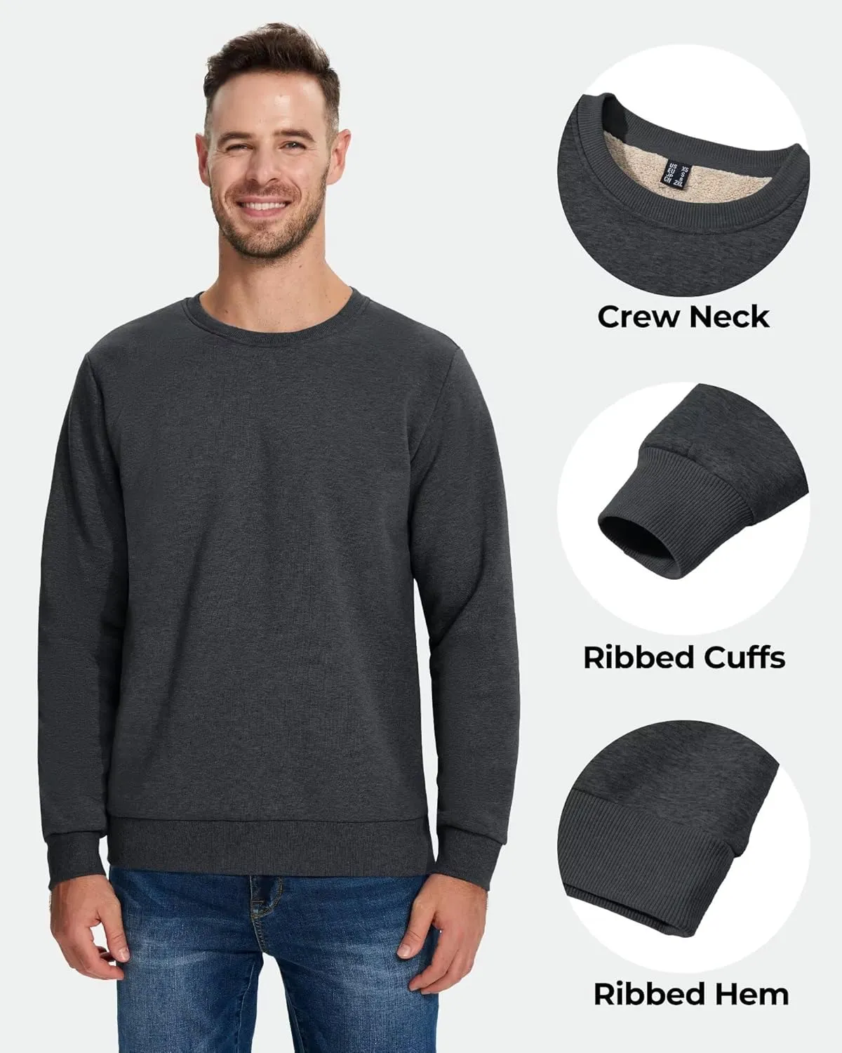 Boladeci Men's Full Sherpa Lined Crewneck Sweatshirts Premium Heavy-weight Fleece Pullover Thick Thermal Cotton Sweat-Shirts