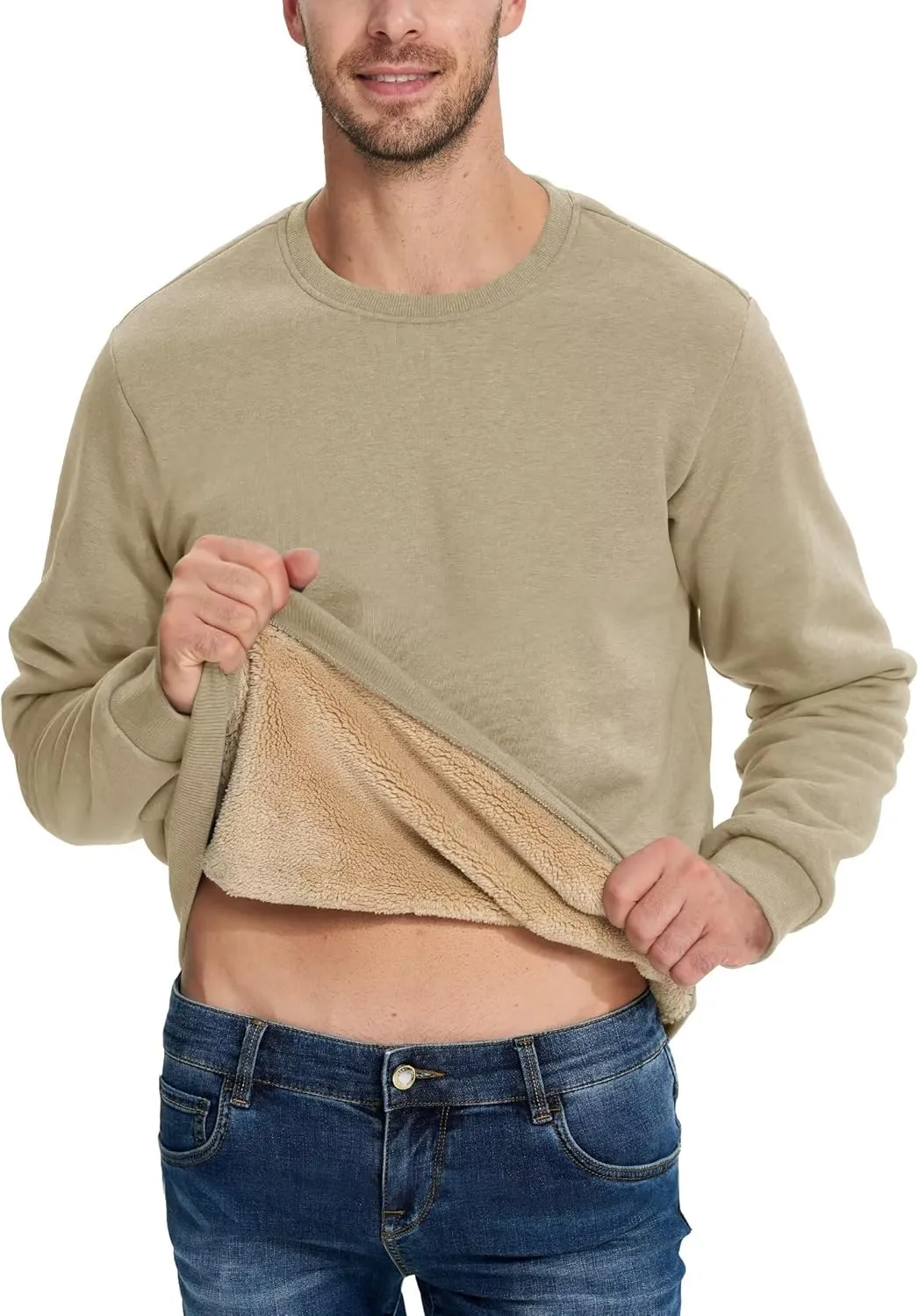 Boladeci Men's Full Sherpa Lined Crewneck Sweatshirts Premium Heavy-weight Fleece Pullover Thick Thermal Cotton Sweat-Shirts