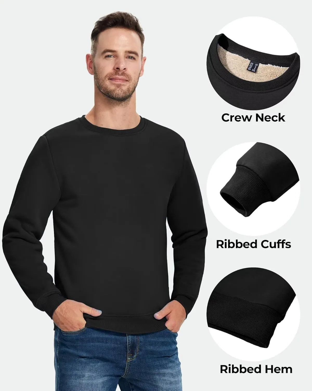 Boladeci Men's Full Sherpa Lined Crewneck Sweatshirts Premium Heavy-weight Fleece Pullover Thick Thermal Cotton Sweat-Shirts