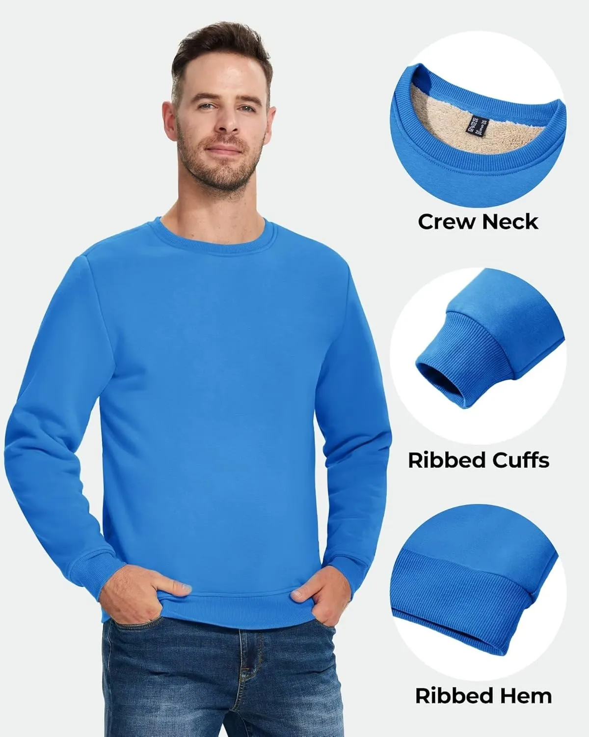 Boladeci Men's Full Sherpa Lined Crewneck Sweatshirts Premium Heavy-weight Fleece Pullover Thick Thermal Cotton Sweat-Shirts