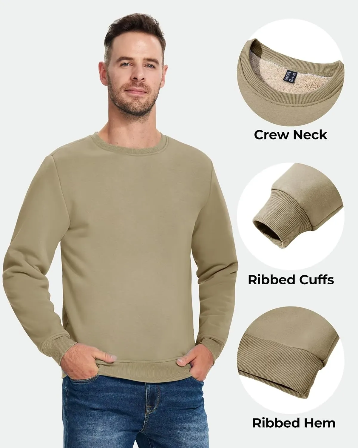 Boladeci Men's Full Sherpa Lined Crewneck Sweatshirts Premium Heavy-weight Fleece Pullover Thick Thermal Cotton Sweat-Shirts