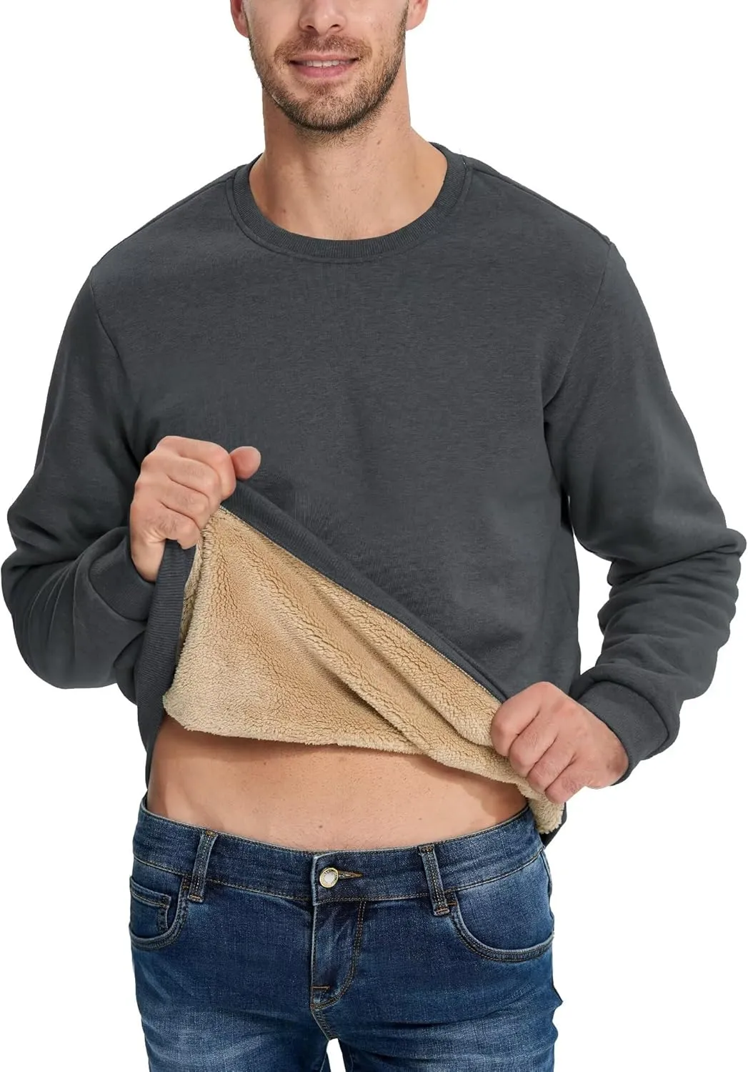 Boladeci Men's Full Sherpa Lined Crewneck Sweatshirts Premium Heavy-weight Fleece Pullover Thick Thermal Cotton Sweat-Shirts