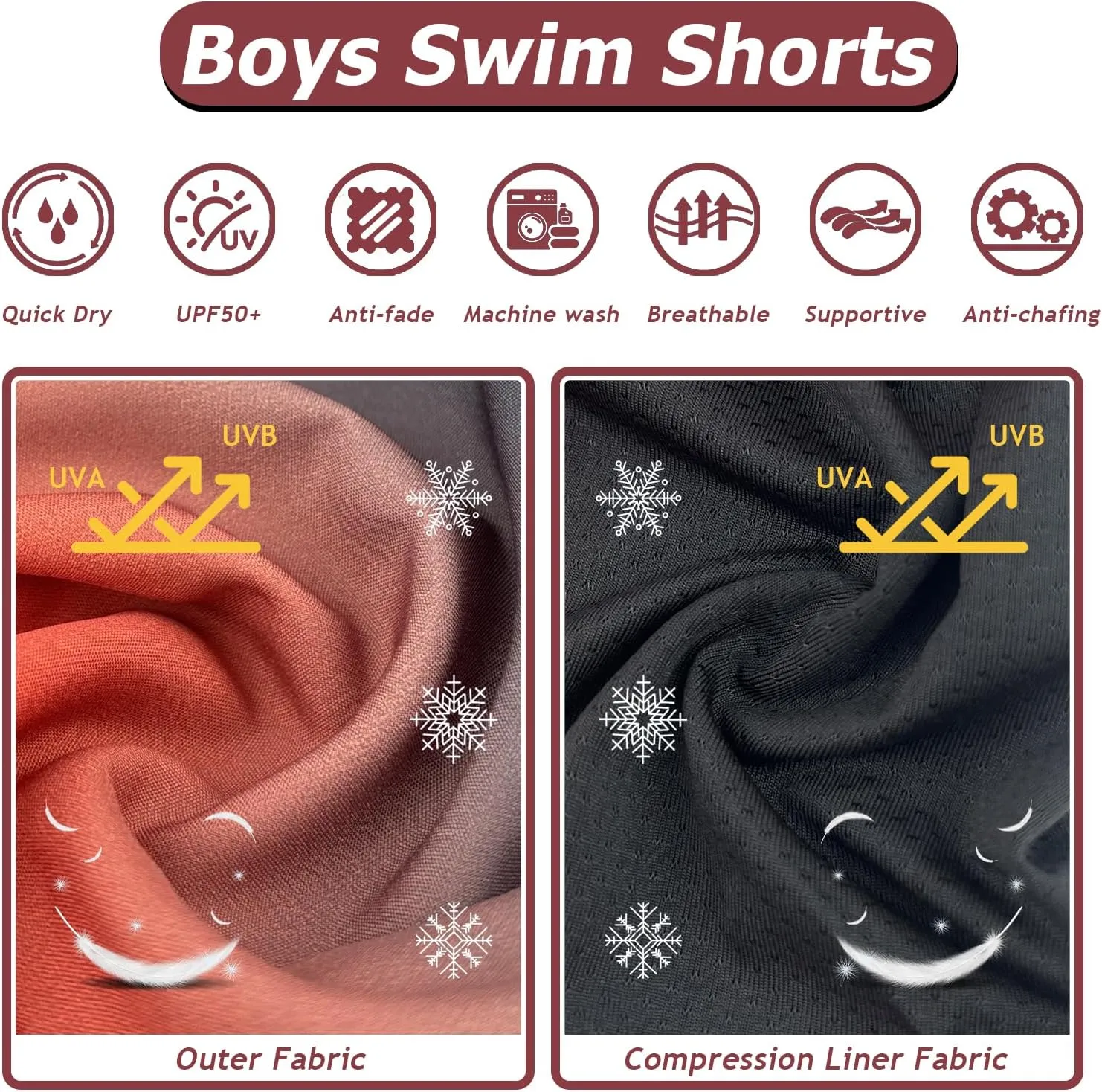 Boys Swim Trunks with Compression Liner Swim Shorts Bathing Suit UPF50  Stretch Swimwear for Boy Quick Dry, 5-16Y