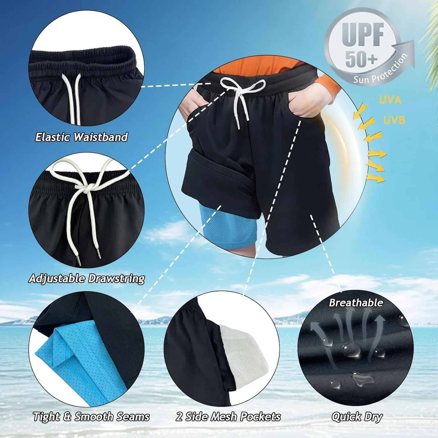 Boys Swim Trunks with Compression Liner Swim Shorts Bathing Suit UPF50  Stretch Swimwear for Boy Quick Dry, 5-16Y