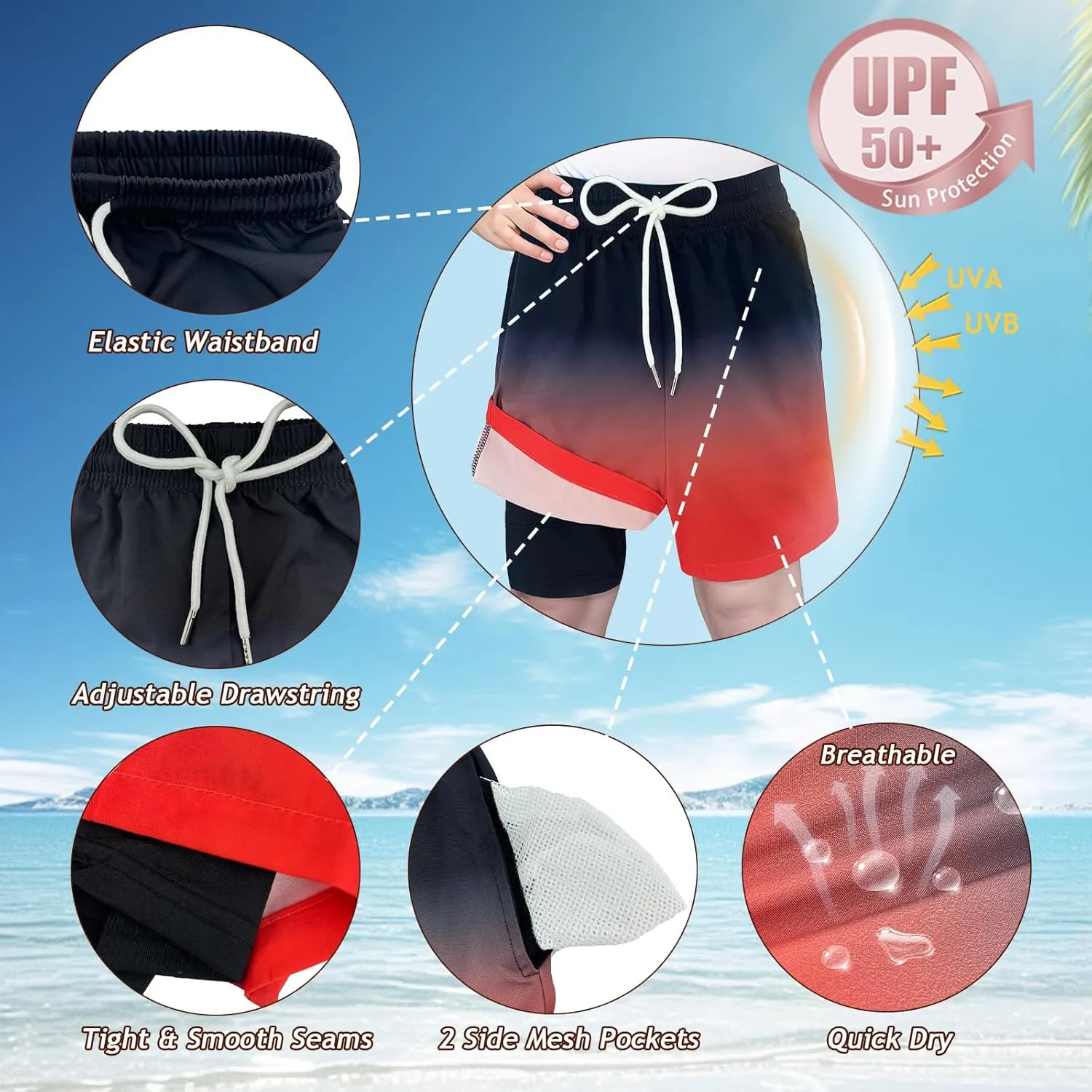Boys Swim Trunks with Compression Liner Swim Shorts Bathing Suit UPF50  Stretch Swimwear for Boy Quick Dry, 5-16Y