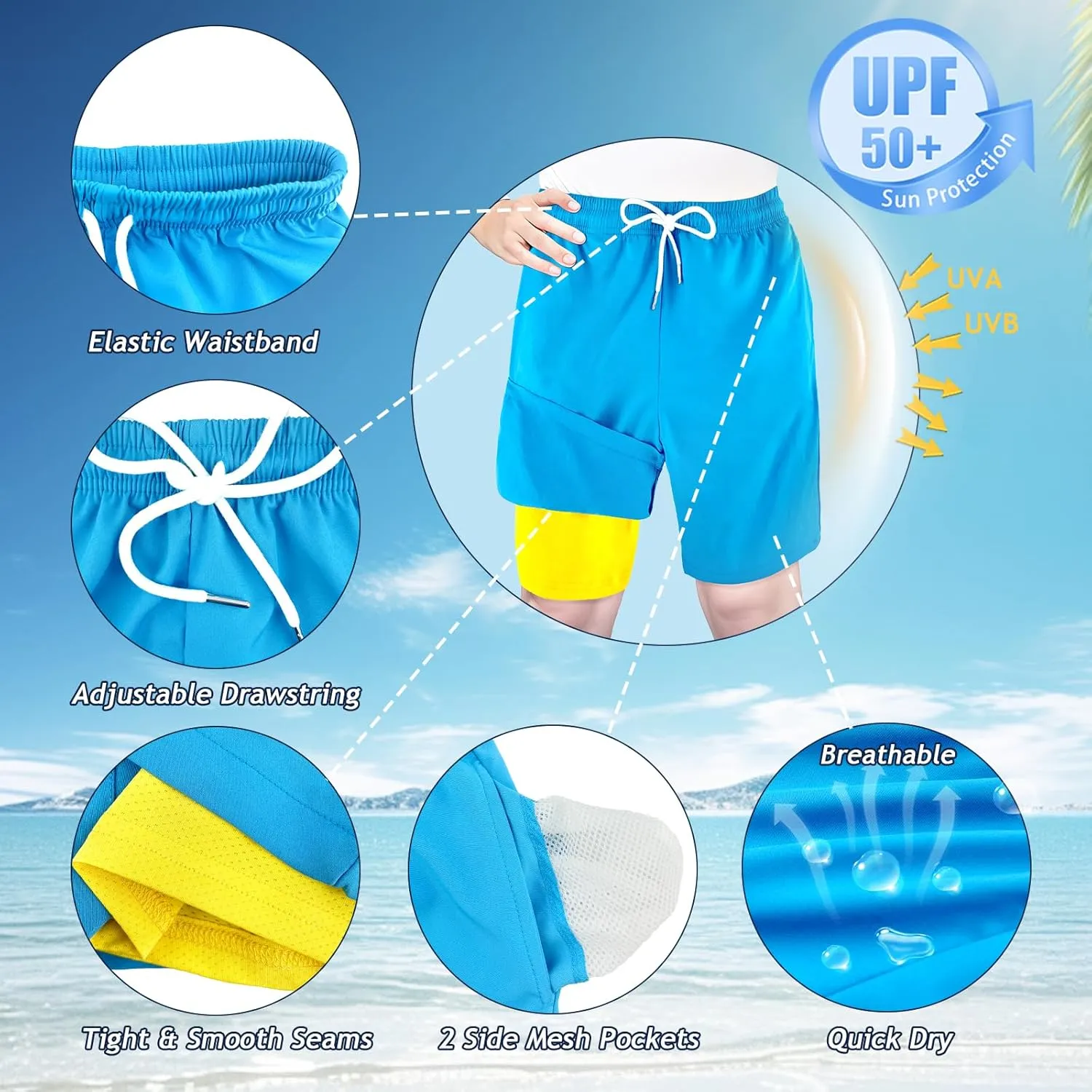 Boys Swim Trunks with Compression Liner Swim Shorts Bathing Suit UPF50  Stretch Swimwear for Boy Quick Dry, 5-16Y