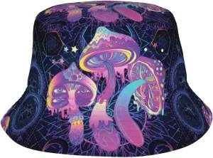 Bright Psychedelic Magic Glowing Mushrooms 60s Hippie Hallucination Hippie Boho Bucket Hat for Men Women Printed Fisherman Hat Packable Sun Cap Travel Outdoor Beach Caps