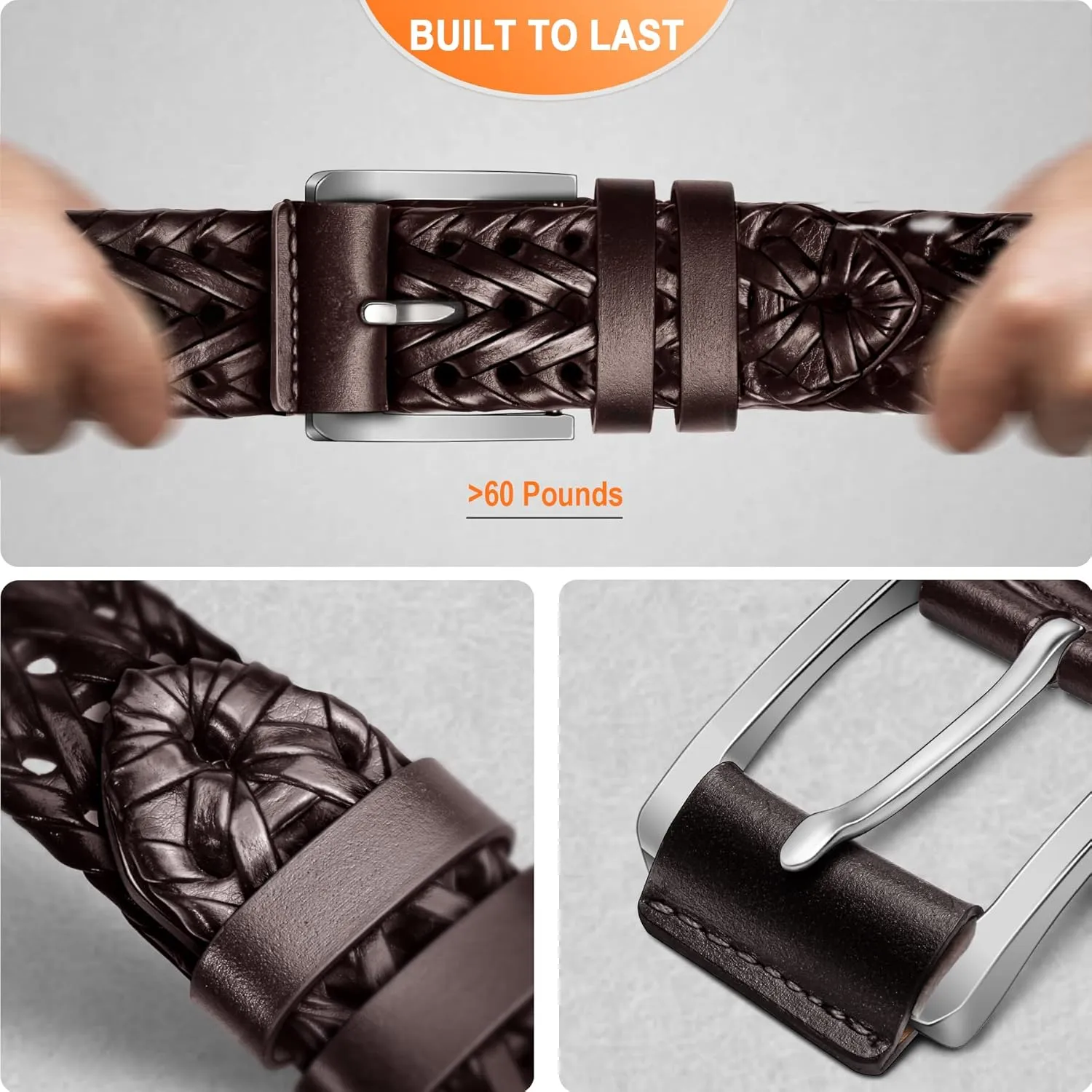 BULLIANT Mens Belts,Leather Woven Braided Belts for Gift Men Casual Jeans Golf