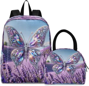 Butterfly Flying on Lavender Field Kids Backpack Lunchbox Waterproof Lunch Bag, Girl Backpacks with Lunchbox