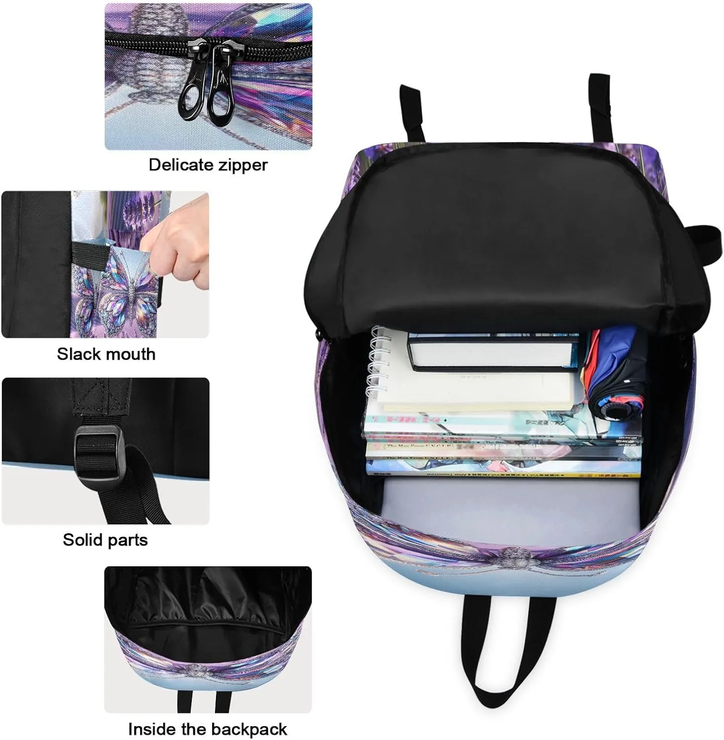 Butterfly Flying on Lavender Field Kids Backpack Lunchbox Waterproof Lunch Bag, Girl Backpacks with Lunchbox