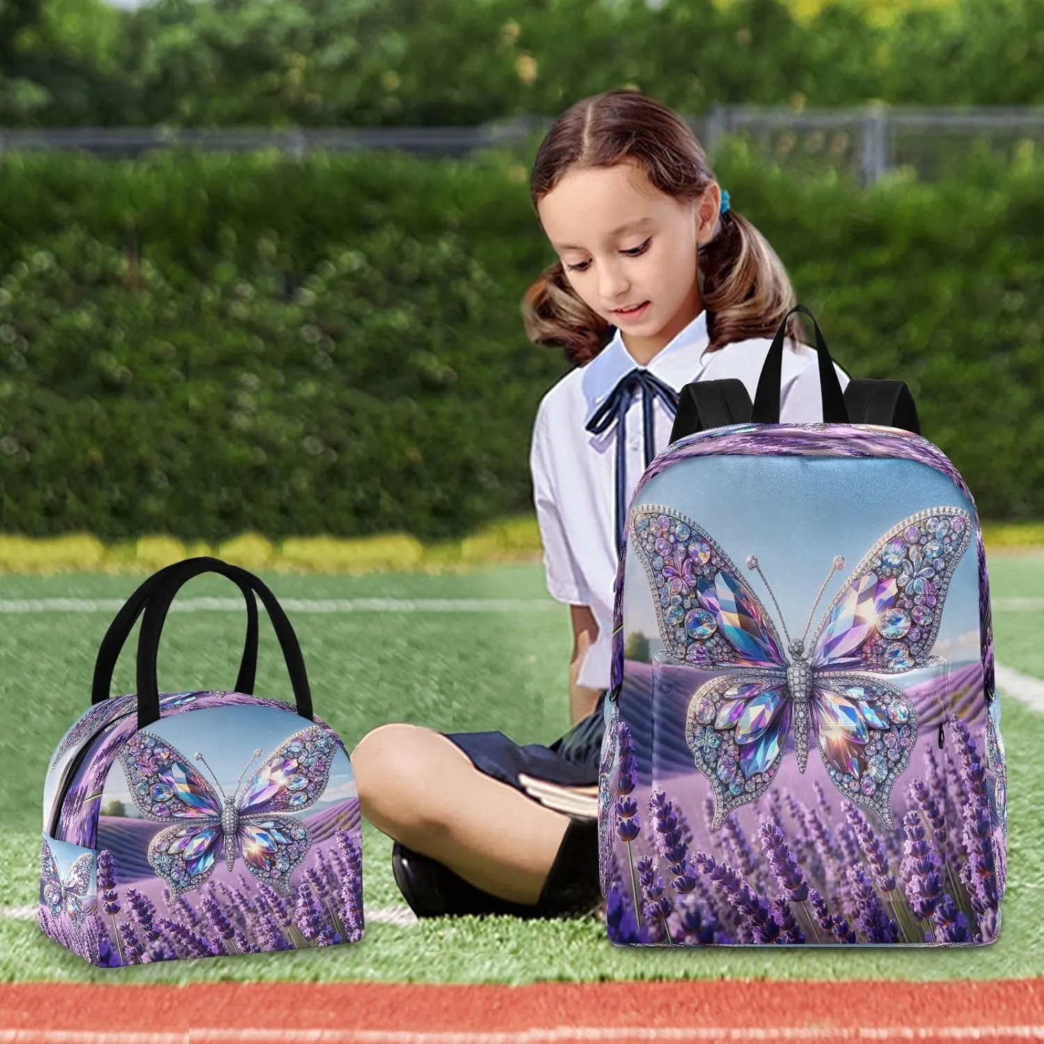 Butterfly Flying on Lavender Field Kids Backpack Lunchbox Waterproof Lunch Bag, Girl Backpacks with Lunchbox
