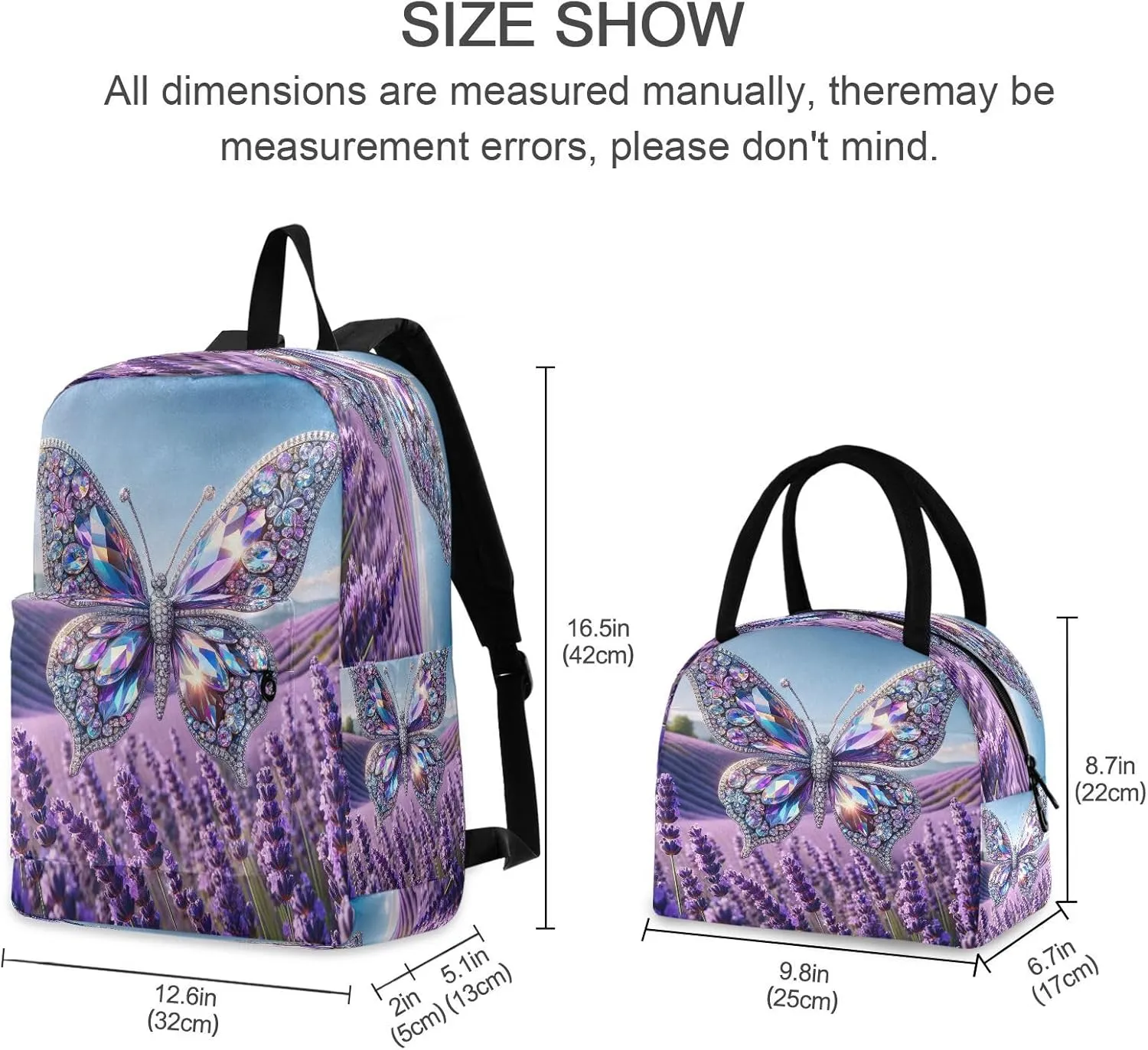 Butterfly Flying on Lavender Field Kids Backpack Lunchbox Waterproof Lunch Bag, Girl Backpacks with Lunchbox