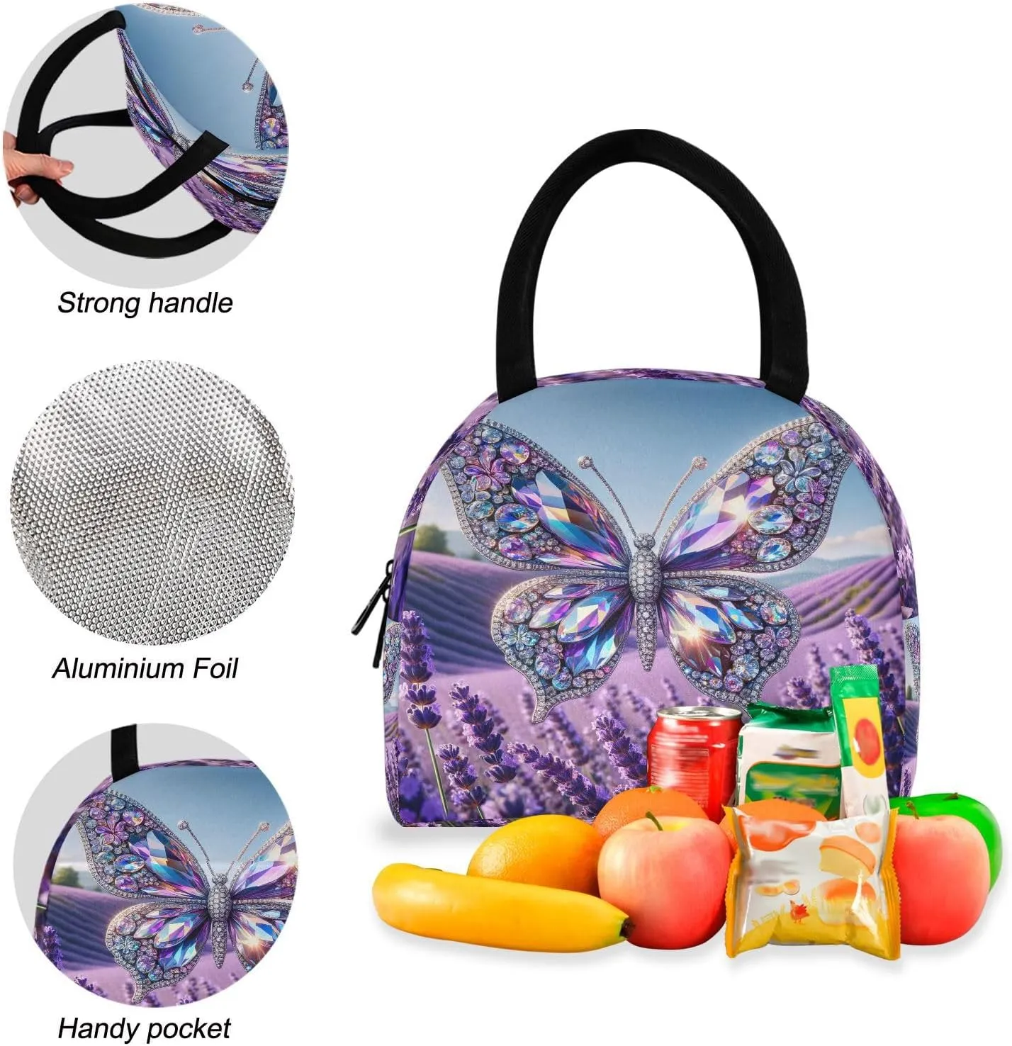 Butterfly Flying on Lavender Field Kids Backpack Lunchbox Waterproof Lunch Bag, Girl Backpacks with Lunchbox