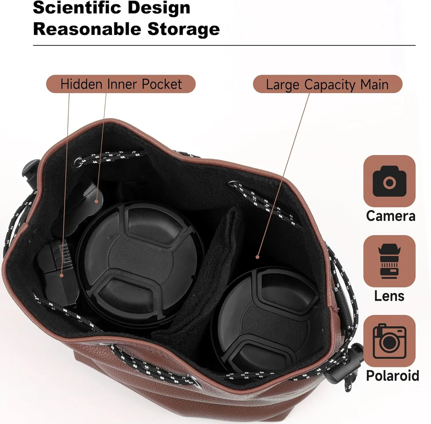 Camera Lens Pouch Drawstring Shockproof Bag with Shoulder Straps for DSLR Cameras and Lenses (Brown, Medium)