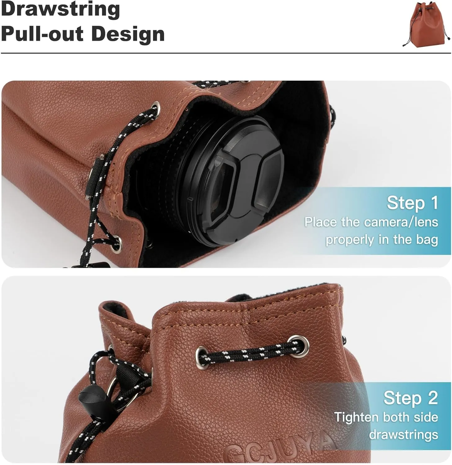 Camera Lens Pouch Drawstring Shockproof Bag with Shoulder Straps for DSLR Cameras and Lenses (Brown, Medium)