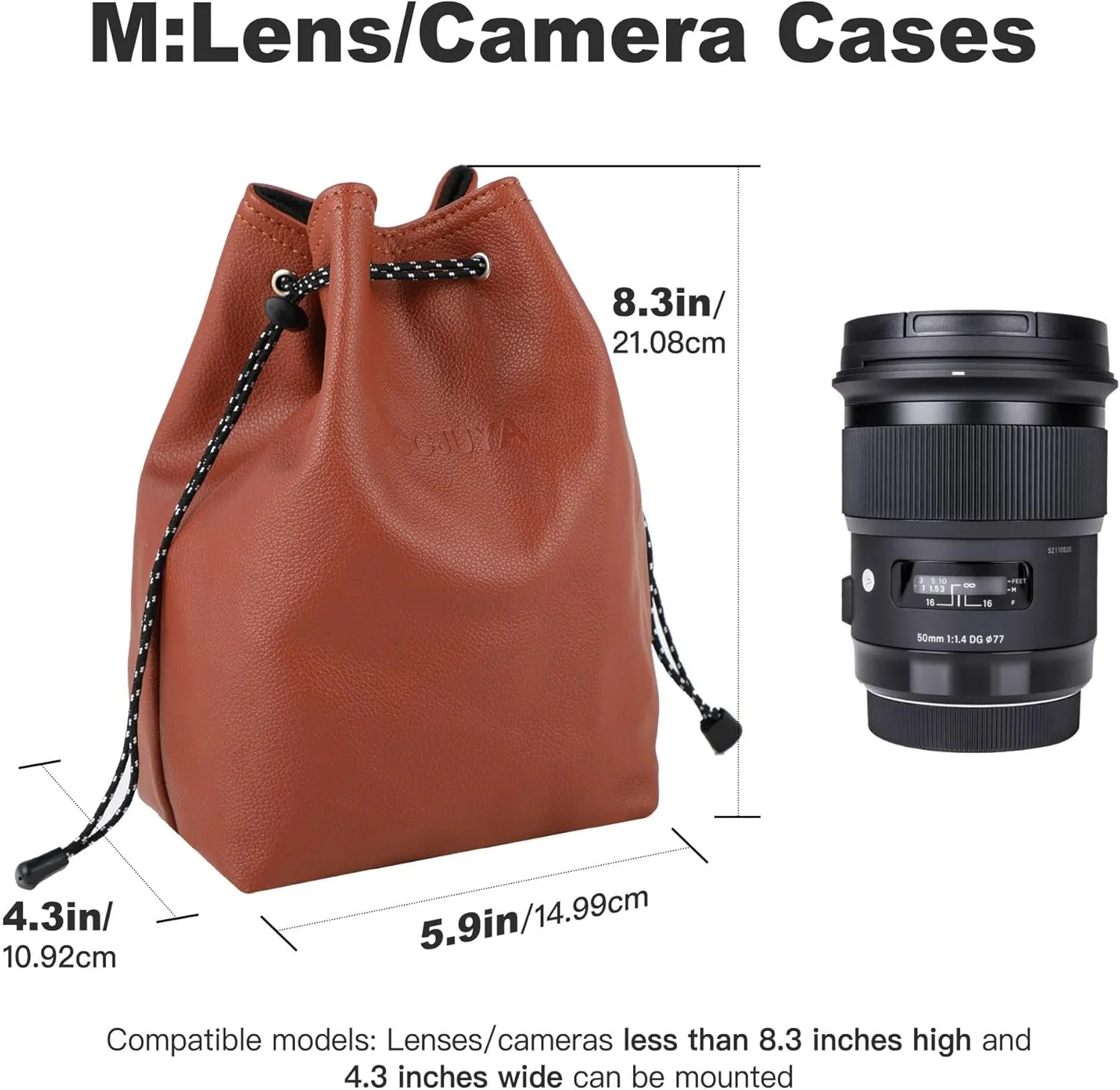 Camera Lens Pouch Drawstring Shockproof Bag with Shoulder Straps for DSLR Cameras and Lenses (Brown, Medium)